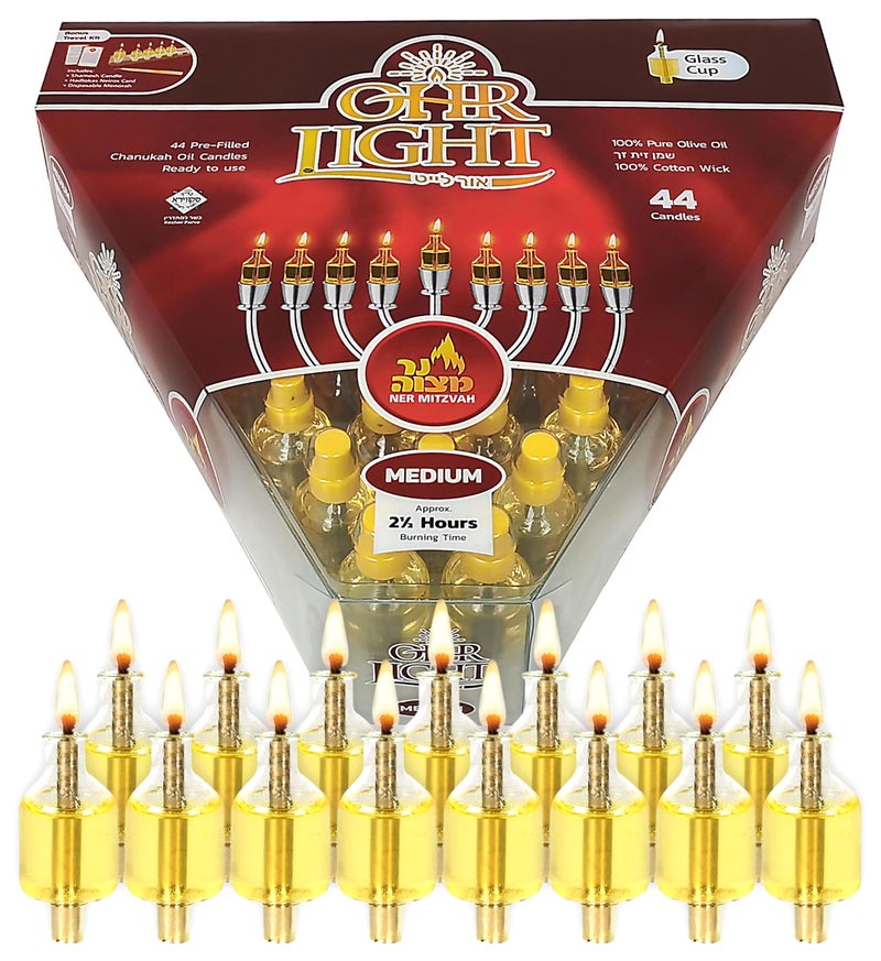 Ner Mitzvah Pre-Filled Menorah Oil Cup Candles - Hanukkah Ohr Lights - 100% Olive Oil with Cotton Wick in Glass Cup - Medium Size  44 per Pack  Burns Approx. 2 1/2 Hrs - Image 1